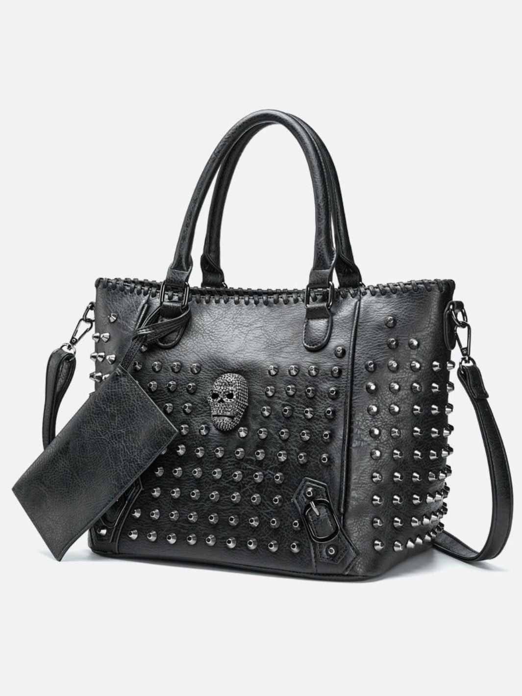Bolso tote de piel negro con tachuelas